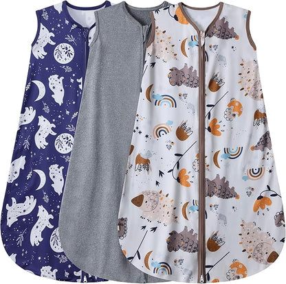 3 Pack Baby Sleep Sack 100% Rayon Cotton Baby Sleeping Bag 2-Way Zipper Toddler Wearable Blankets TOG 0.3. (Fox&Dinosaurs&Dark gray, 0-6 Months)