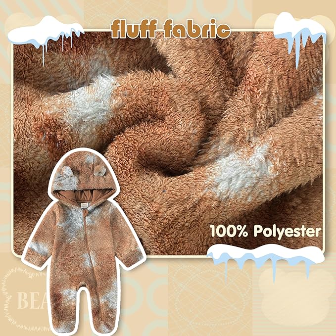 Jimonda Baby Tie Dye Snowsuit Winter Fleece Jumpsuit 0-18 Months, 100% Polyester Hooded Romper with Bear Ears for Infant