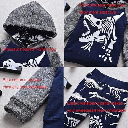 Baby Boys Dinosaur Long Sleeve Hoodie Tops Sweatsuit Pants Winter Outfit Set