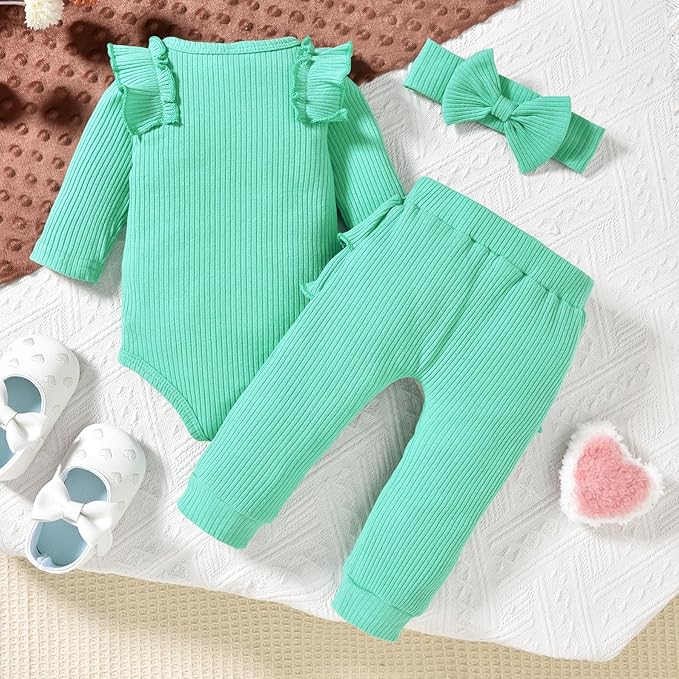 Aalizzwell Preemie Newborn Infant Baby Girls Clothes Ribbed Bodysuit Pants Set Fall Winter Outfits