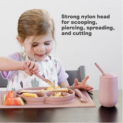 ezpz Happy Utensils - 24 Months+ (Coral) - BPA Free Toddler Utensils - Fork, Spoon and Knife for Toddlers and Preschoolers - For Self-Feeding Development