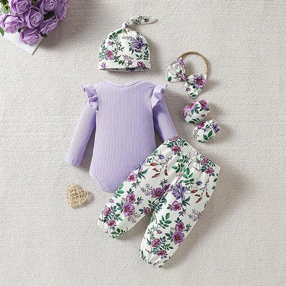 ChuYuKu Baby Girls Newborn Long Sleeve Romper Infant Winter Clothes Floral Pants Outfits with Headband & Mittens 0-6M