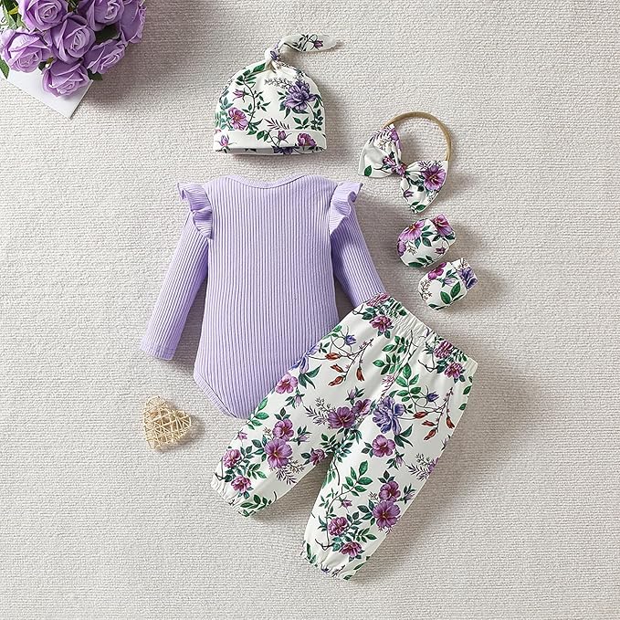 ChuYuKu Baby Girls Newborn Long Sleeve Romper Infant Winter Clothes Floral Pants Outfits with Headband & Mittens 0-6M