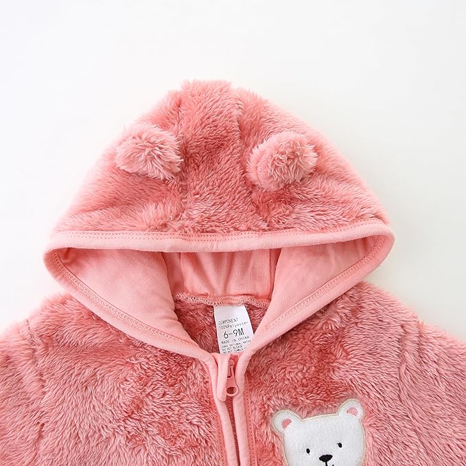 Newborn Baby Fleece Jumpsuit Unisex Infant Bear Hooded Onesie with Mitten Cuffs Winter Warm Snowsuit Outfit