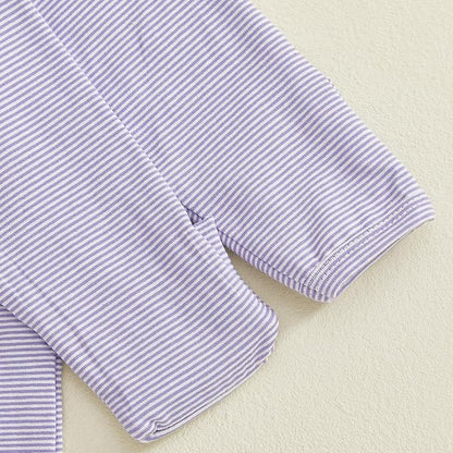 Gaono Newborn Baby Girl Romper Waffle Knit Striped Long Sleeve Doll Collar Heart Bow Jumpsuit Bodysuit Fall Winter Clothes