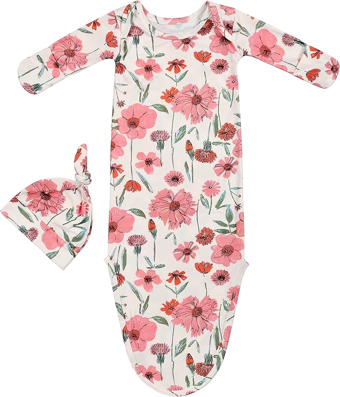 Newborn Baby Boy Long Sleeve Sleeper Gown with Mittens Knotted Gown Coming Home Outfit Nightgown Hat Set 2 Pieces