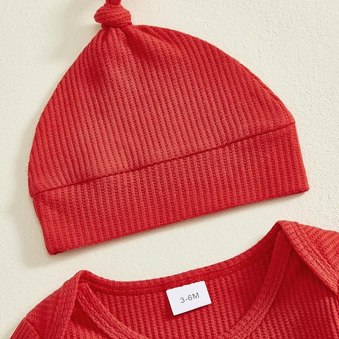 Baby Valentines Outfit Girl Boys Long Sleeve Footie Rib Onesie knot Hat Spring Clothes Newborn Outfits Infant Set