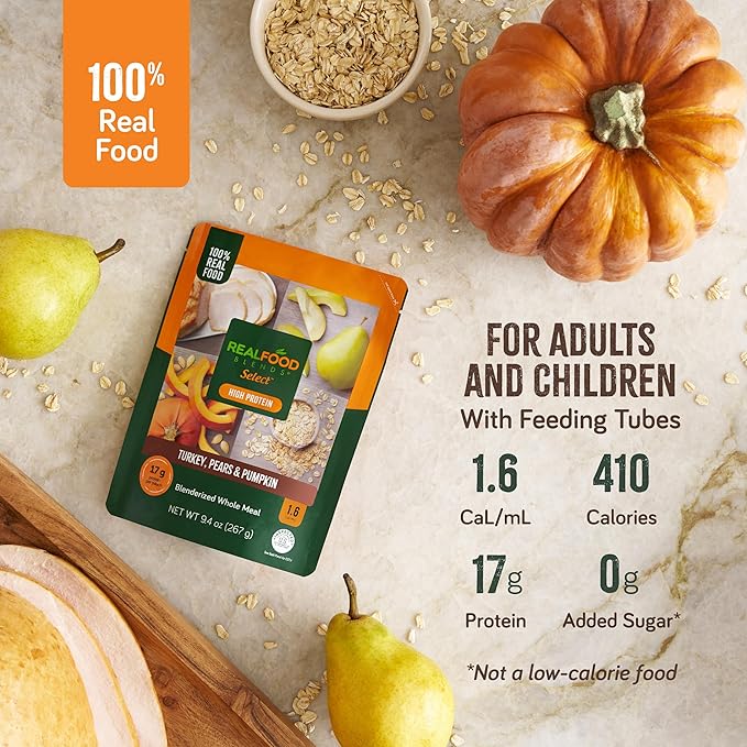 Real Food Blends Select Turkey, Pears & Pumpkin – Pureed Food Meal for Feeding Tubes, 9.4 oz Pouch (Pack of 12 Pouches)