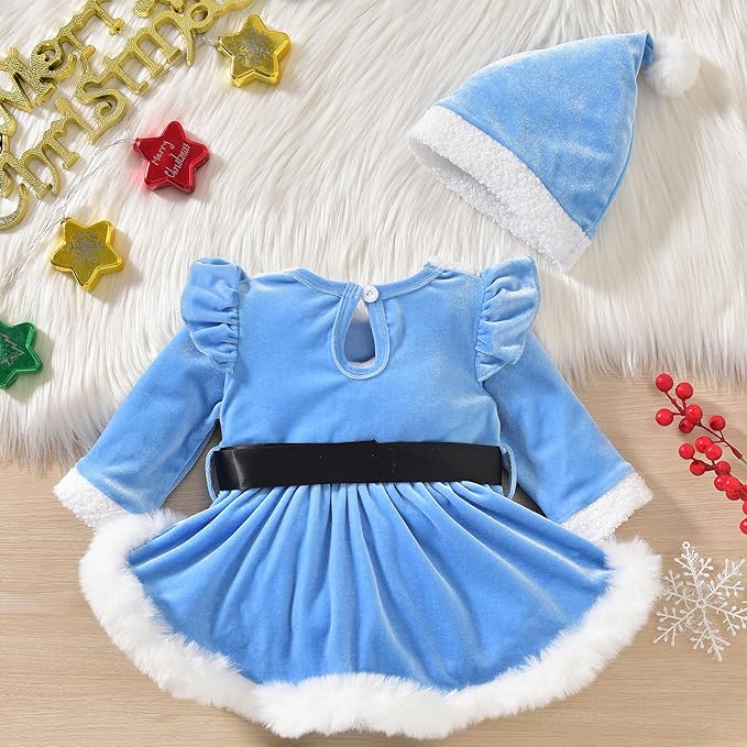 Newborn Infant Baby Girl Christmas Clothes Santa Claus Romper Dress Fur Trim Velvet Jumpsuit Bodysuit Hat Costume