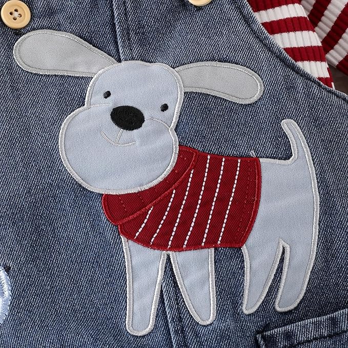 Baby Boy Clothes Fall Winter Outfits Long Sleeve Striped Romper Cute Cartoon Jeans Overalls Pants Set 0-18 Months