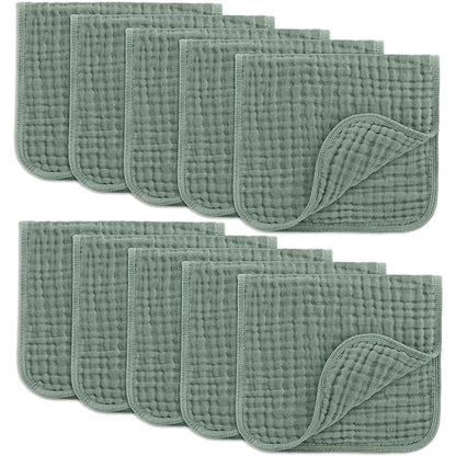 Comfy Cubs Muslin Burp Cloths 20" x 10", Pack of 10 - Large, 6-Layer, Ultra Absorbent 100% Cotton for Baby Drool and Messes - Soft, Safe & Gentle Baby Burp Cloths for Boys & Girls - Fern