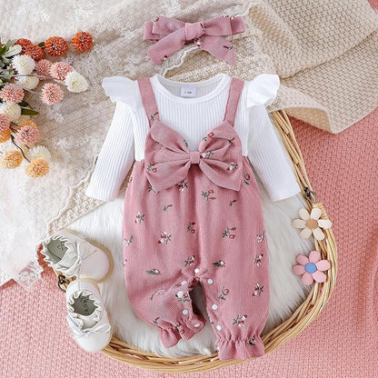 Infant Baby Girls Fall Outfit Long Sleeve Romper Floral Print Fake Two Pieces Patchwork Bow Jumpsuits And Headband Set