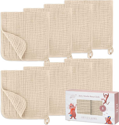 Muslin Burp Cloths, 20"x10"- Pack of 8, 6 Layers Super Soft Absorbent & Breathable 100% Cotton for Baby Drool and Messes, Burp Cloth Baby Boy and Burp Cloths Baby Girl