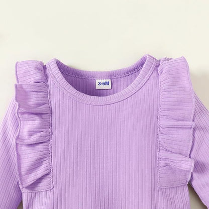 0-24M Infant Ribbed Romper Baby Girls Knit Ruffle Bodysuit Toddler Girl Solid Color Jumpsuit Holiday Shirt Tpos