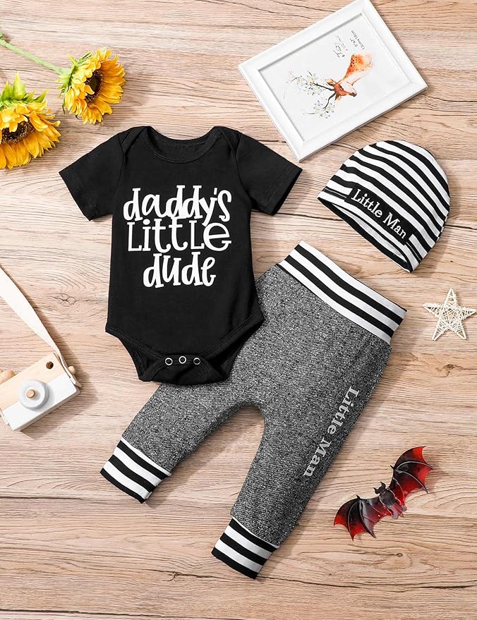 Fommy Newborn Baby Boy Clothes New to The Crew Letter Print Romper+ Pants+Hat 3PCS Outfit