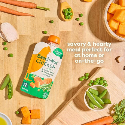Beech-Nut Chicken Baby Food Pouches with 4g of Protein, Chicken Carrots Peas & Butternut Squash, Baby Puree Meat Baby Food Pouch, Stage 2, 3.5 oz Pouch (12 Pack)