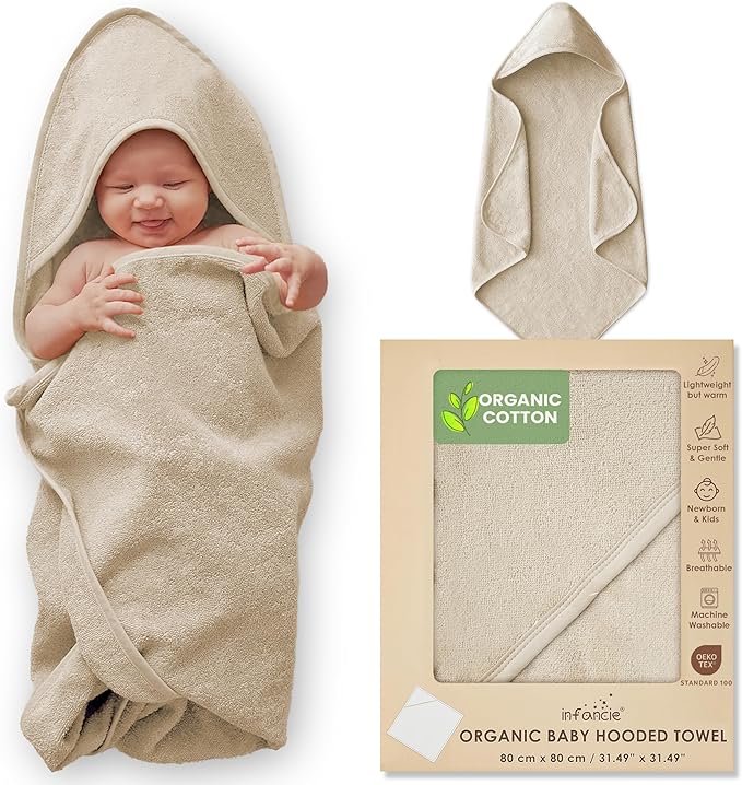 Organic Cotton Plush Woven Hooded Baby Towels, 31x31 Inches, Plush Bath Towels with Hood for Newborns and Kids, Girls & Boys (Ivory, 31.4" L x 31.4" W)