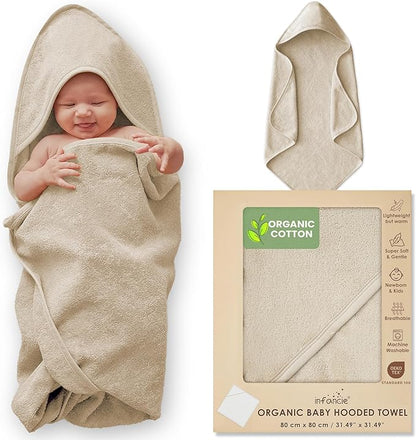 Organic Cotton Plush Woven Hooded Baby Towels, 31x31 Inches, Plush Bath Towels with Hood for Newborns and Kids, Girls & Boys (Ivory, 31.4" L x 31.4" W)