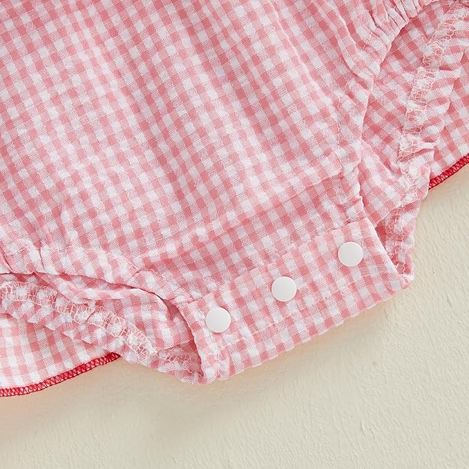 Baby Girl Valentines Day Outfit Newborn Romper Dress Heart Embroidery Puff Short Sleeve Plaid Skirt Hem Jumpsuit