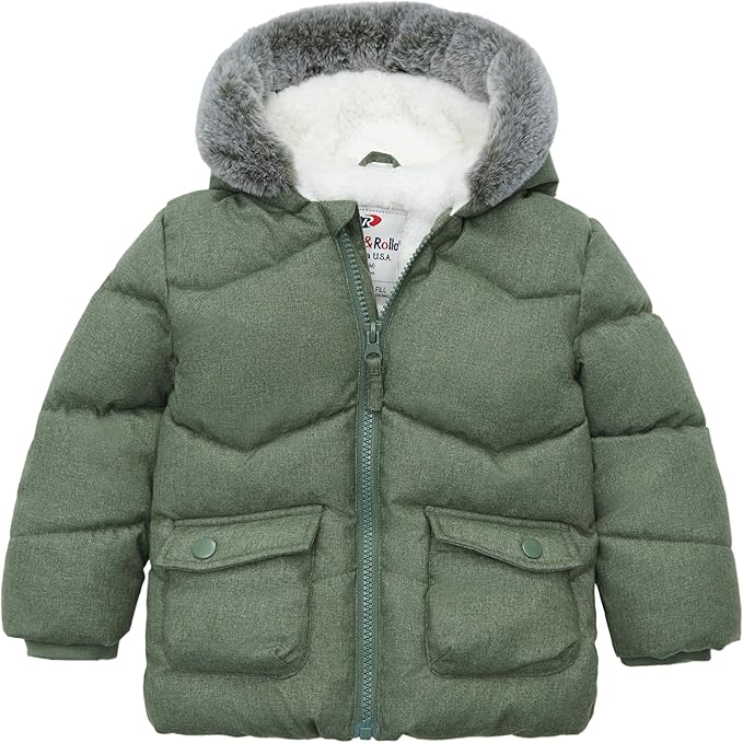 Rokka&Rolla Baby Boys' Sherpa Lined Puffer Jacket Warm Winter Coat with Mini Fur Trim Hood for Newborn Infants Toddler