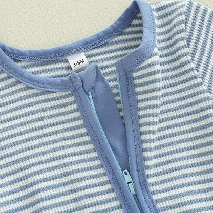 Karuedoo Newborn Infant Baby Boy Clothes Striped Waffle Long Sleeve Zipper Romper Jumpsuit One-Piece Fall Winter Outfit