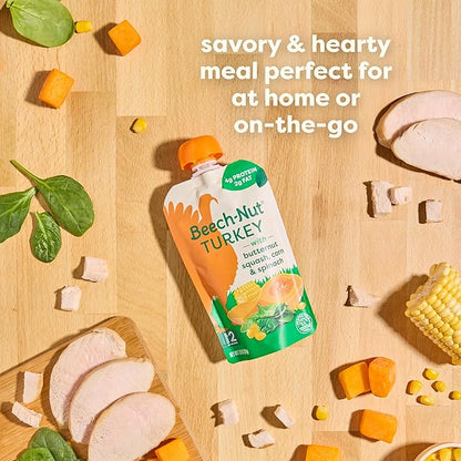 Beech-Nut Turkey Baby Food Pouches with 4g of Protein, Turkey Butternut Squash Corn & Spinach, Baby Puree Meat Baby Food Pouch, Stage 2, 3.5 oz Pouch (12 Pack)
