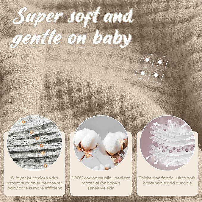 Muslin Burp Cloths, 20"x10"- Pack of 8, 6 Layers Super Soft Absorbent & Breathable 100% Cotton for Baby Drool and Messes, Burp Cloth Baby Boy and Burp Cloths Baby Girl