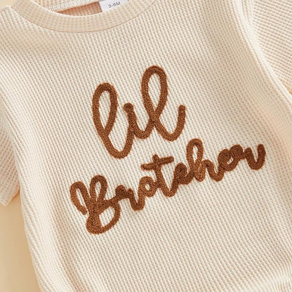 Little Brother Newborn Outfit Infant Baby Boy Lil Bro Shirt Bubble Romper Waffle Bodysuit Siblings Matching Clothes