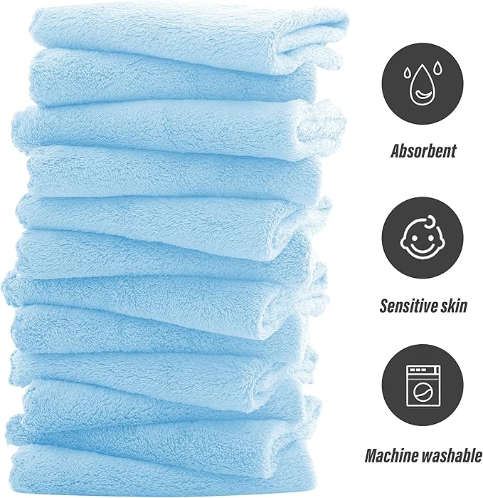 Sunny zzzZZ Ultra Soft 24 Pack Baby Washcloths - 10x10 Inches - Coral Fleece Extra Absorbent Wash Clothes for Babies, Infants and Toddlers - Sensitive Skin and Newborn - Ideal Baby - Aquamarine