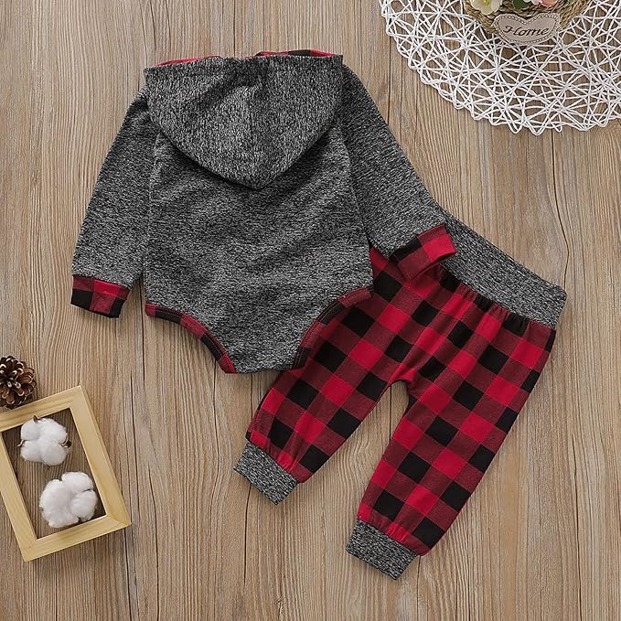 Newborn Baby Boy Clothes Fall Winter Infant Outfits Long Sleeve Hoodie Romper + Red Plaid Pants Set
