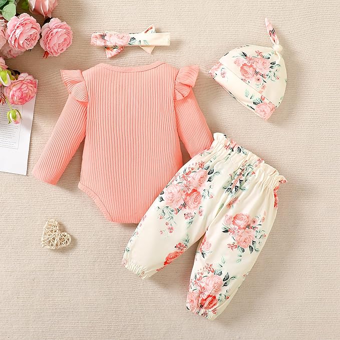 Newborn Infant Baby Girl Clothes Outfits Rib Romper Floral Pants with Headband Winter Clothing Set