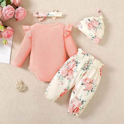 Newborn Infant Baby Girl Clothes Outfits Rib Romper Floral Pants with Headband Winter Clothing Set