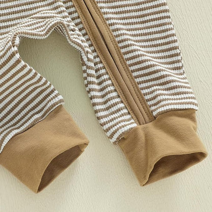 Karuedoo Newborn Infant Baby Boy Clothes Striped Waffle Long Sleeve Zipper Romper Jumpsuit One-Piece Fall Winter Outfit