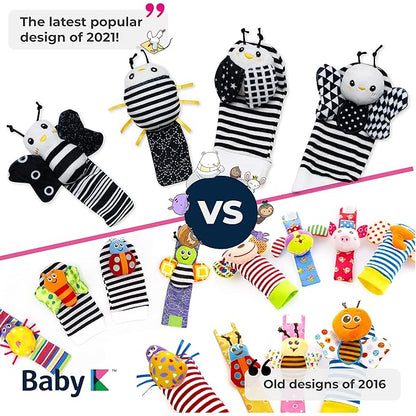 BABY K Baby Rattle Socks & Wrist Toys (Set E) - Newborn Toys for Baby Boy or Girl - Brain Development Infant Toys - Hand and Foot Rattles Suitable for 0-6, 6-12 Months Babies - Newborn Baby Gifts