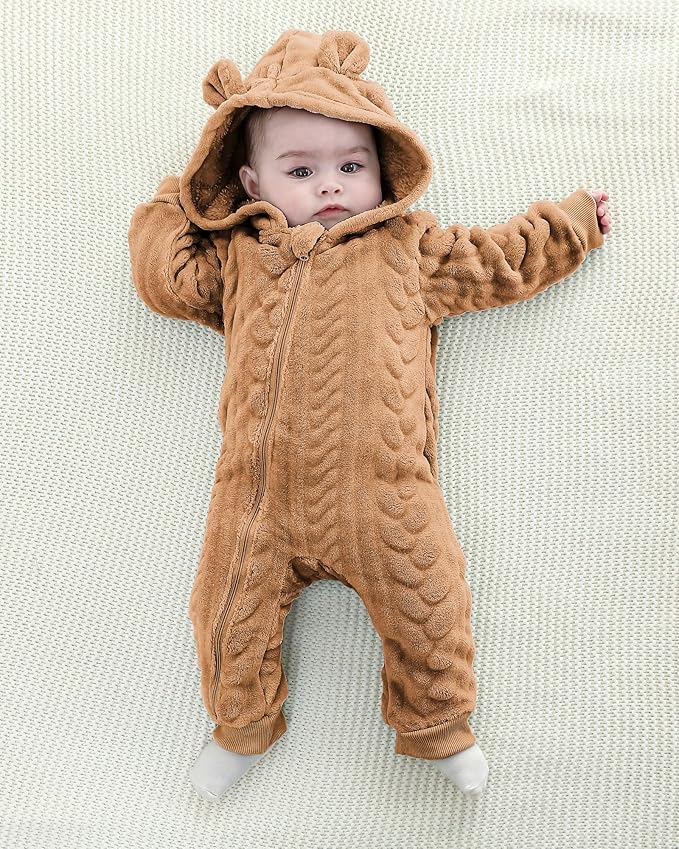 Saeaby Newborn Baby Girl Boy Clothes Fall Winter Infant Long Sleeve Fleece Jumpsuit Romper Hooded Baby Snowsuit Bear Outfit