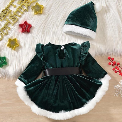 Newborn Infant Baby Girl Christmas Clothes Santa Claus Romper Dress Fur Trim Velvet Jumpsuit Bodysuit Hat Costume