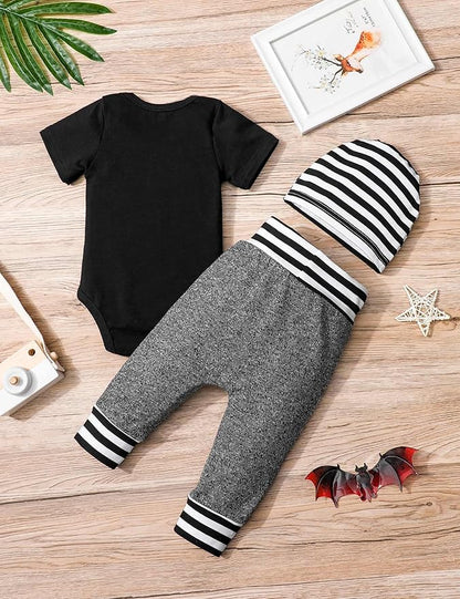 Fommy Newborn Baby Boy Clothes New to The Crew Letter Print Romper+ Pants+Hat 3PCS Outfit