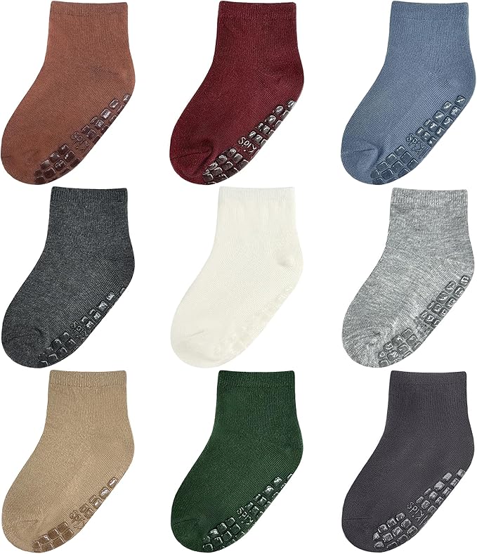 Baby Mid-Crew Socks with Grips (9 Pairs) for 0-7 Years Old Toddler Boy Girl Kids