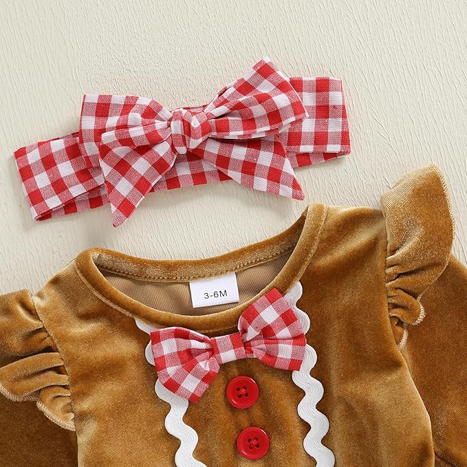 Newborn Christmas Outfit Baby Girl Plaid Romper Dress Infant Ruffle Long Sleeve Ribbed Bodysuit Headband Clothes