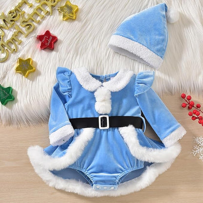 Newborn Infant Baby Girl Christmas Clothes Santa Claus Romper Dress Fur Trim Velvet Jumpsuit Bodysuit Hat Costume