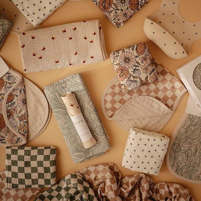 mushie Muslin Baby Burp Cloths | 100% Organic Cotton, Set of 2 (Olive Check/Natural Check)