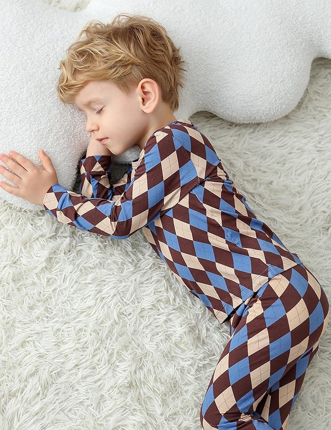 JunNeng Bamboo Viscose Pajamas for Toddler Boys, Baby Kids Diamond Pajamas Snug Fit Long Sleeve Sleeper