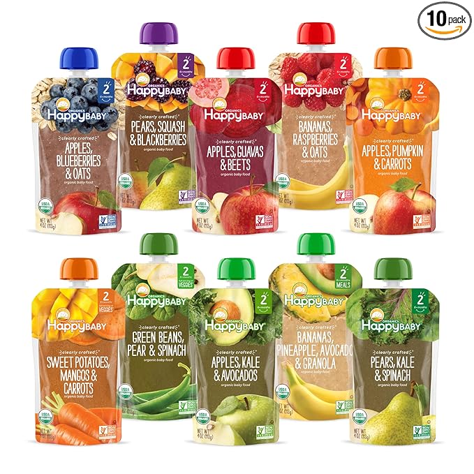 Happy Baby Organics Stage 2 Baby Food Pouches, Gluten Free, Vegan & Healthy Snack, Clearly Crafted Fruit & Veggie Puree, Fruit & Veggie Variety Pack, 4 Ounces (Pack of 10), Amazon Exclusive