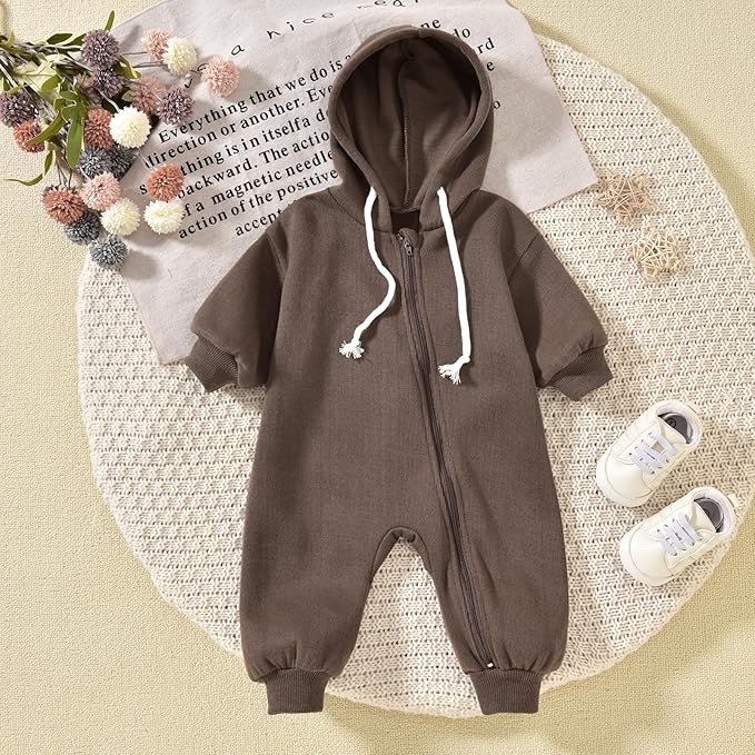 Unutiylo Unisex Baby Boys Girls Long Sleeve Infant Baby Zipper Hooded Jumpsuits Romper Loose Outfit Clothes