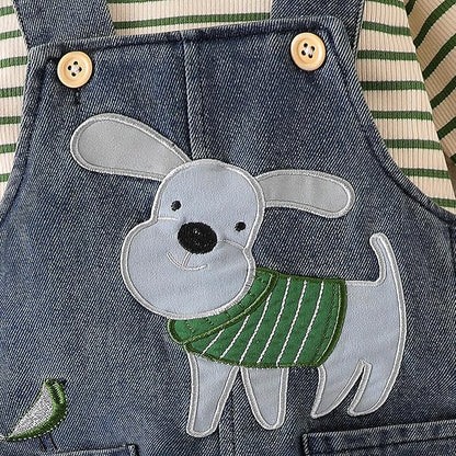 Baby Boy Clothes Fall Winter Outfits Long Sleeve Striped Romper Cute Cartoon Jeans Overalls Pants Set 0-18 Months