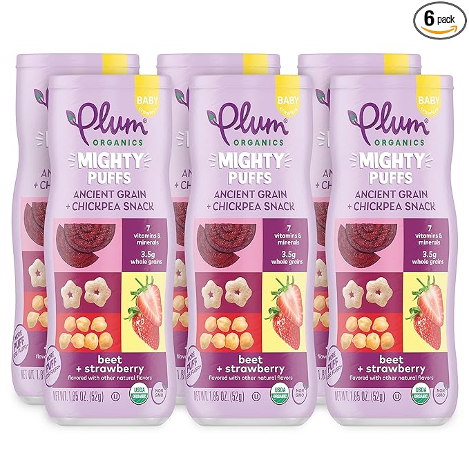 Plum Organics Mighty Puffs Ancient Grain + Chickpea Snack, Beet + Strawberry Flavor, Baby Crawlers, Kosher, USDA Certified Organic, Non-GMO, 1.85 Ounce (Pack of 6)
