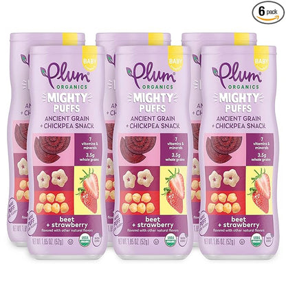 Plum Organics Mighty Puffs Ancient Grain + Chickpea Snack, Beet + Strawberry Flavor, Baby Crawlers, Kosher, USDA Certified Organic, Non-GMO, 1.85 Ounce (Pack of 6)