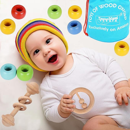 TOWO Wooden Rattles Maracas Baby Toys 6 Months-Organic Eco Toys for Infant Grasping Teething Natural Tether Musical Instrument Shaker Sensory Brain Development Newborn Birth Gift for Boys Girls