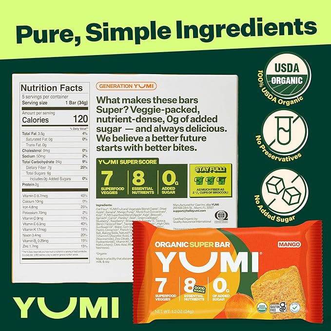 YUMI Organic Breakfast Superbar, Gluten-Free, No Added Sugar, 7+ Vegetables, Soft-Baked Crust, Healthy Snack Bars for Kids, School Safe, Healthy Alternative to Granola Bars or Cereal Bars, Mango (30ct)