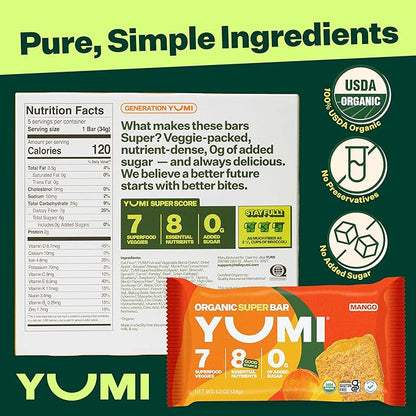 YUMI Organic Breakfast Superbar, Gluten-Free, No Added Sugar, 7+ Vegetables, Soft-Baked Crust, Healthy Snack Bars for Kids, School Safe, Healthy Alternative to Granola Bars or Cereal Bars, Mango (30ct)